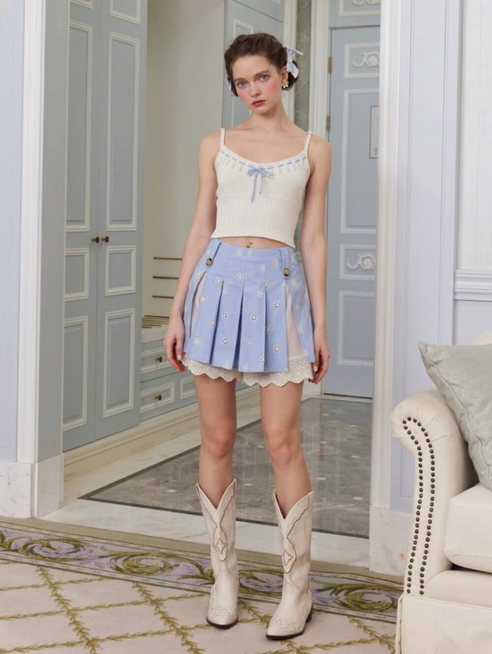 Lacemade Floral Eyelet Embroidered Light Blue Pleated Mini Skirt with Lace Hem - Picture 16 of 16